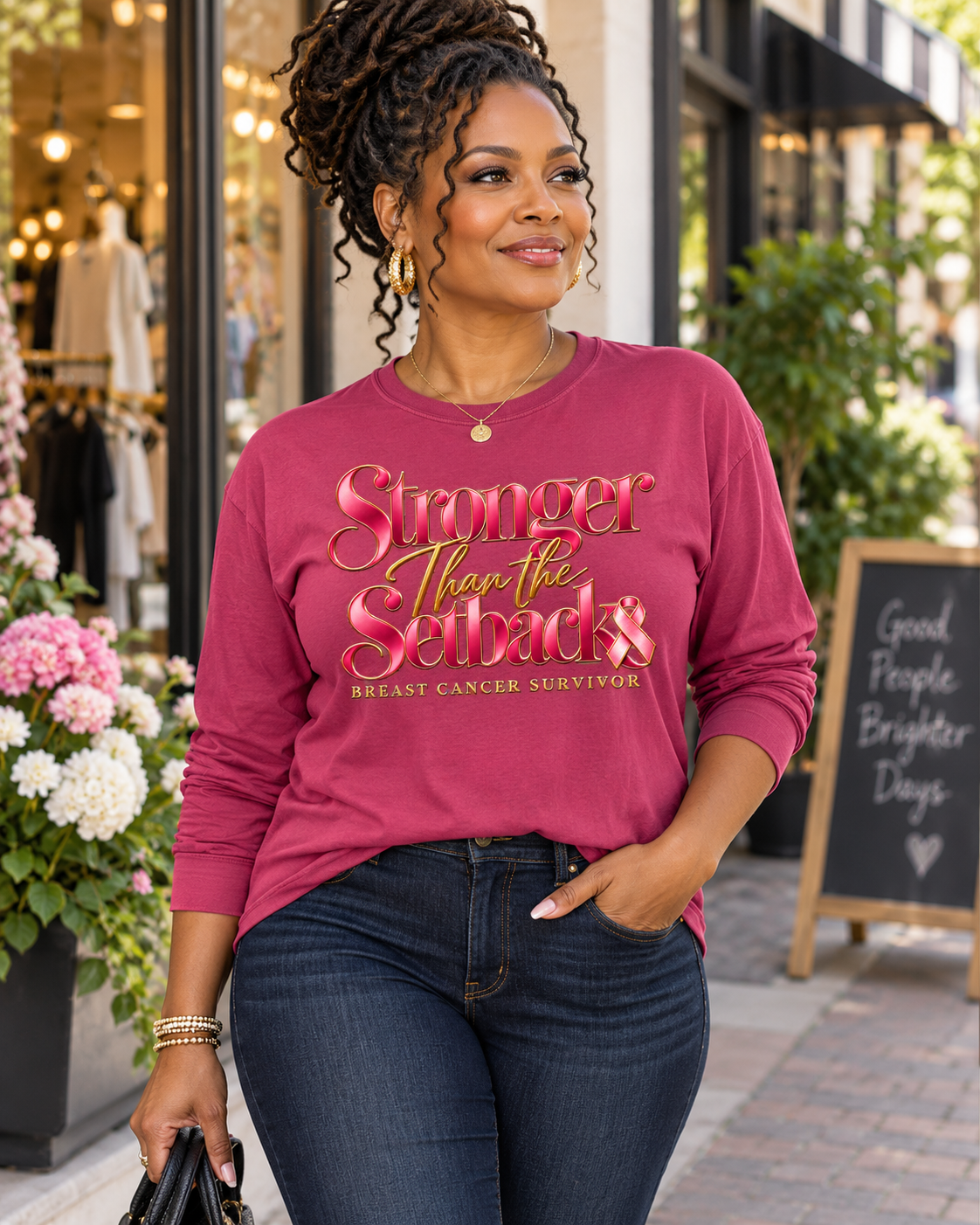 Stronger Than the Setback breast cancer survivor long sleeve in Comfort Colors Berry