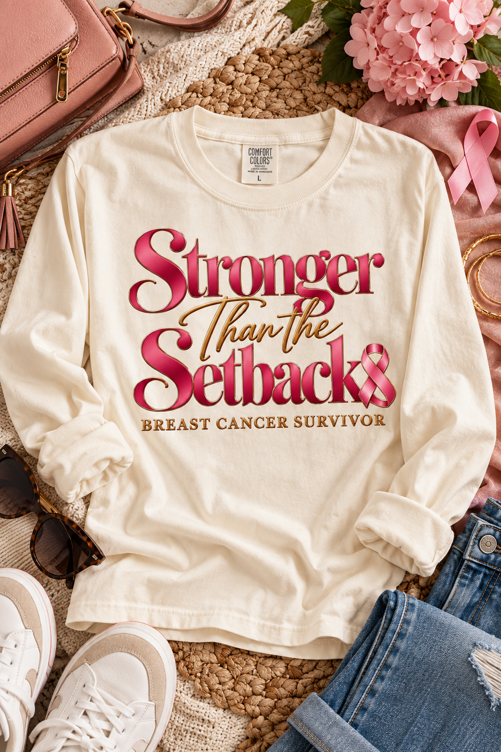 Stronger Than the Setback Comfort Colors Ivory long sleeve styled flat lay