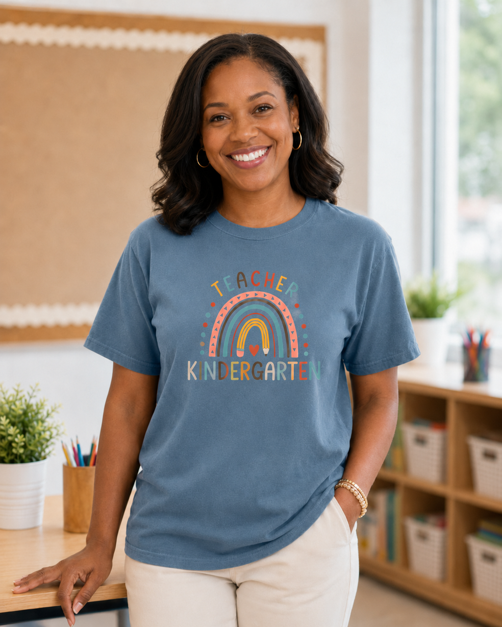 Kindergarten rainbow teacher tee in Blue Jean Comfort Colors lifestyle mockup