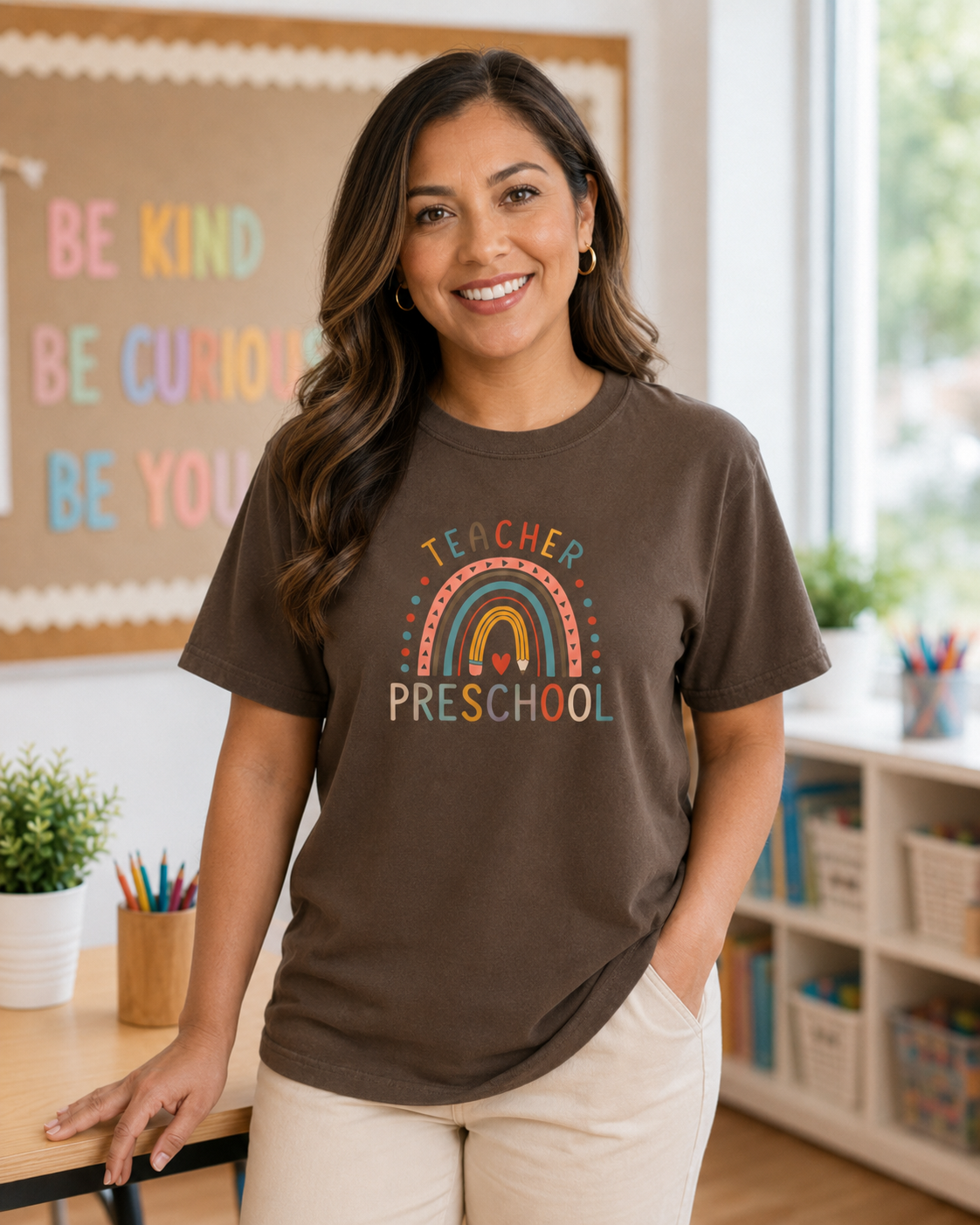 Preschool rainbow teacher tee in Espresso Comfort Colors lifestyle mockup