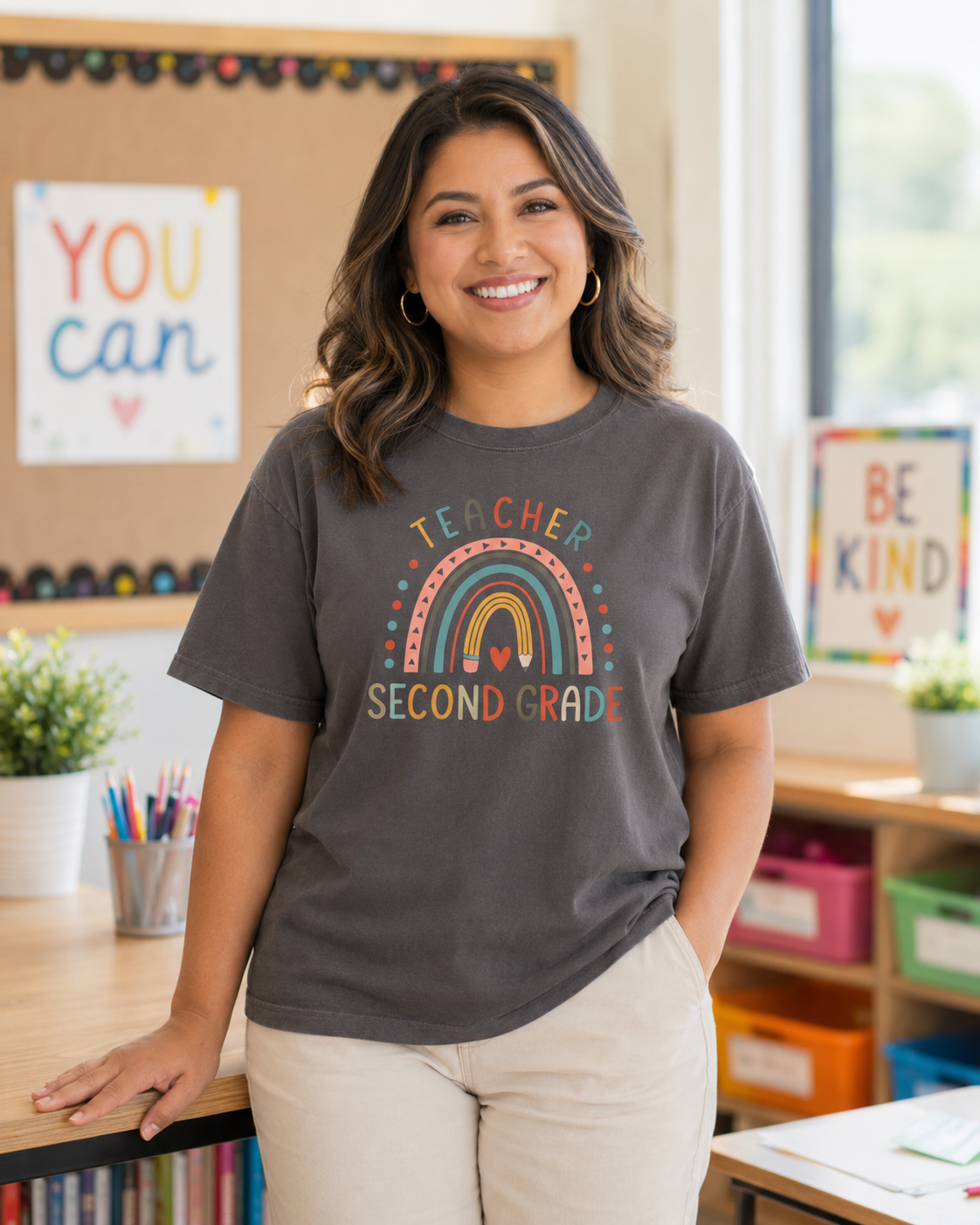 Second Grade rainbow teacher tee in Pepper Comfort Colors lifestyle mockup