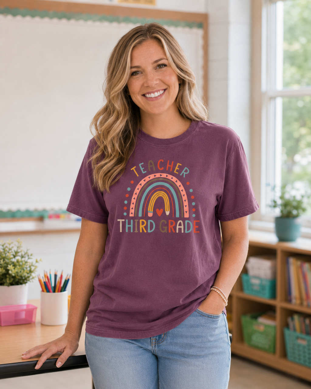 Third Grade rainbow teacher tee in Berry Comfort Colors lifestyle mockup