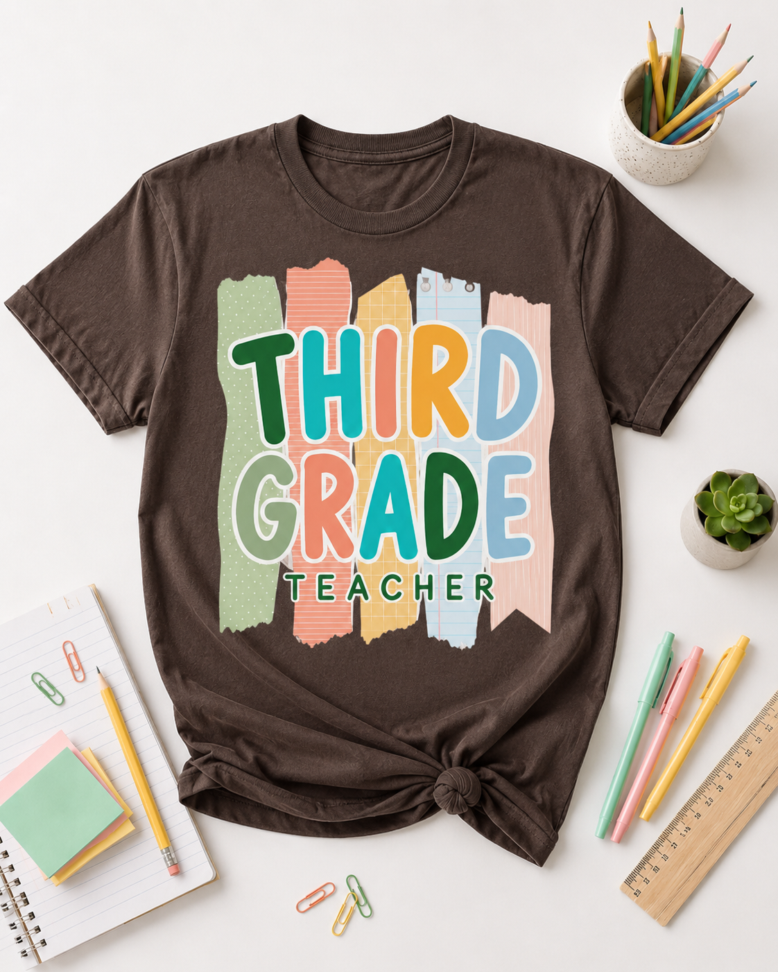 Third Grade Teacher Comfort Colors tee in Espresso styled flat lay