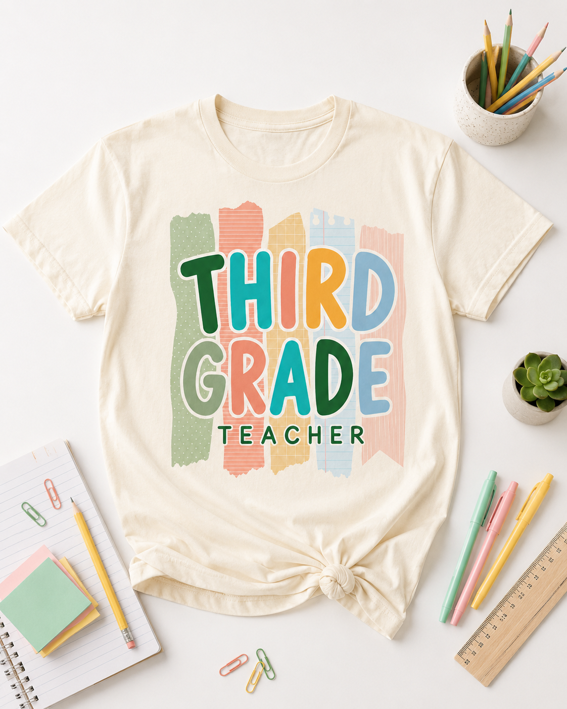 Third Grade Teacher Comfort Colors tee in Ivory styled flat lay