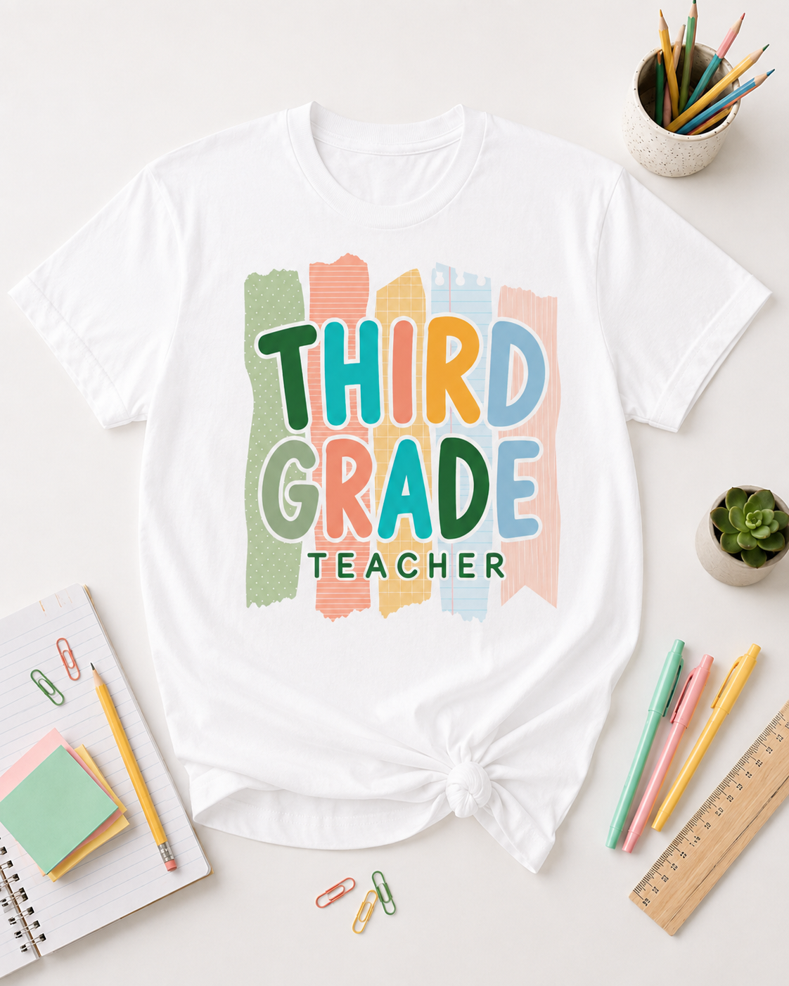 Third Grade Teacher Comfort Colors tee in White styled flat lay