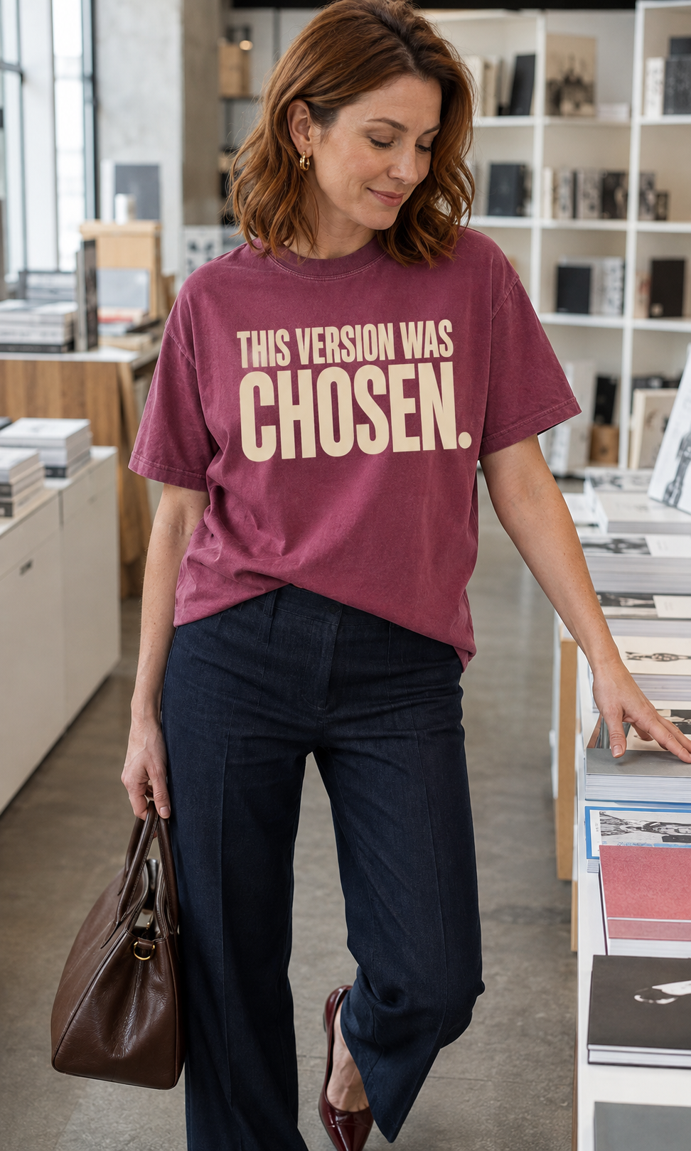 Caucasian woman wearing the This Version Was Chosen statement tee in berry with cream typography