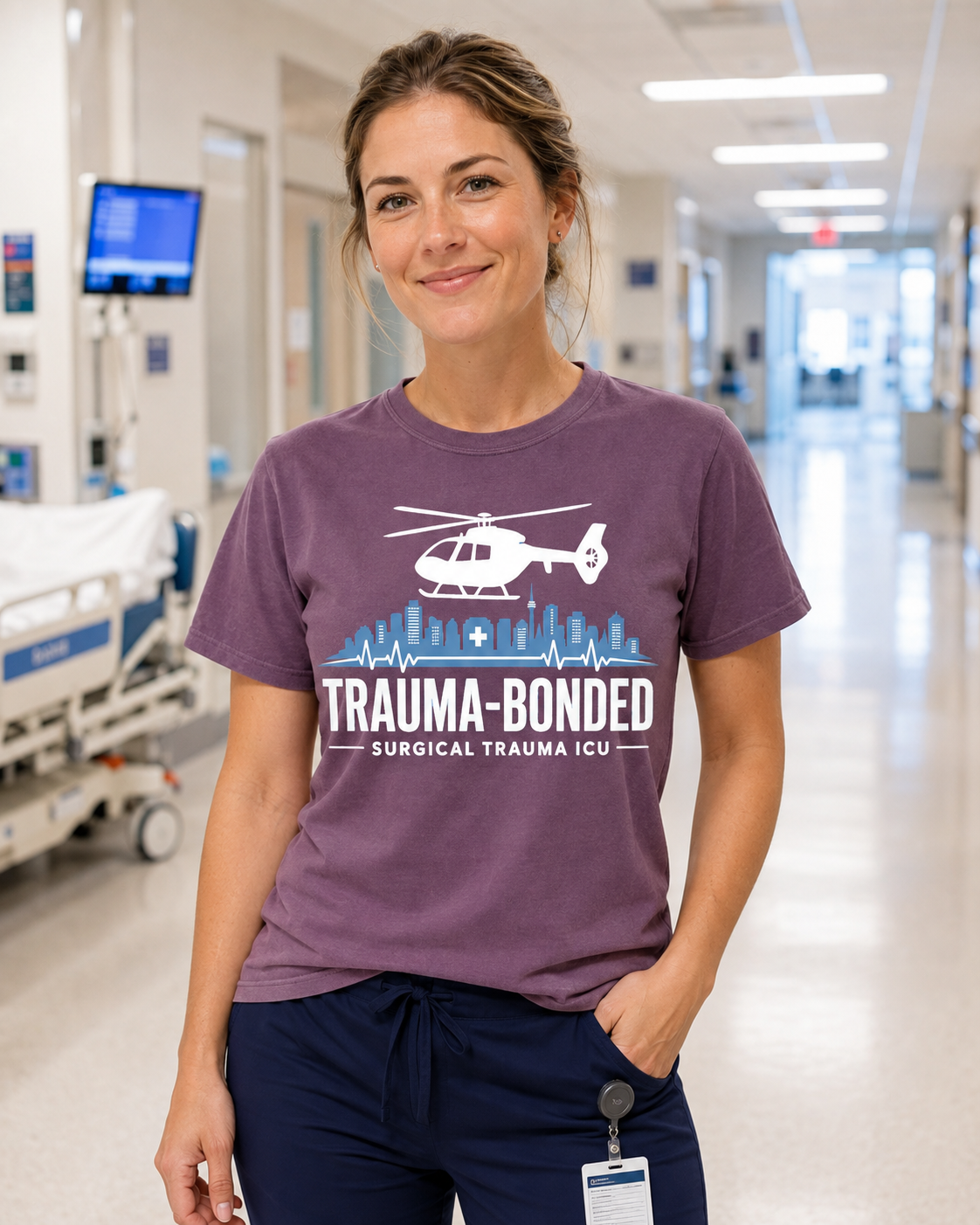 Trauma Bonded Surgical Trauma ICU tee in Comfort Colors Berry on Caucasian nurse