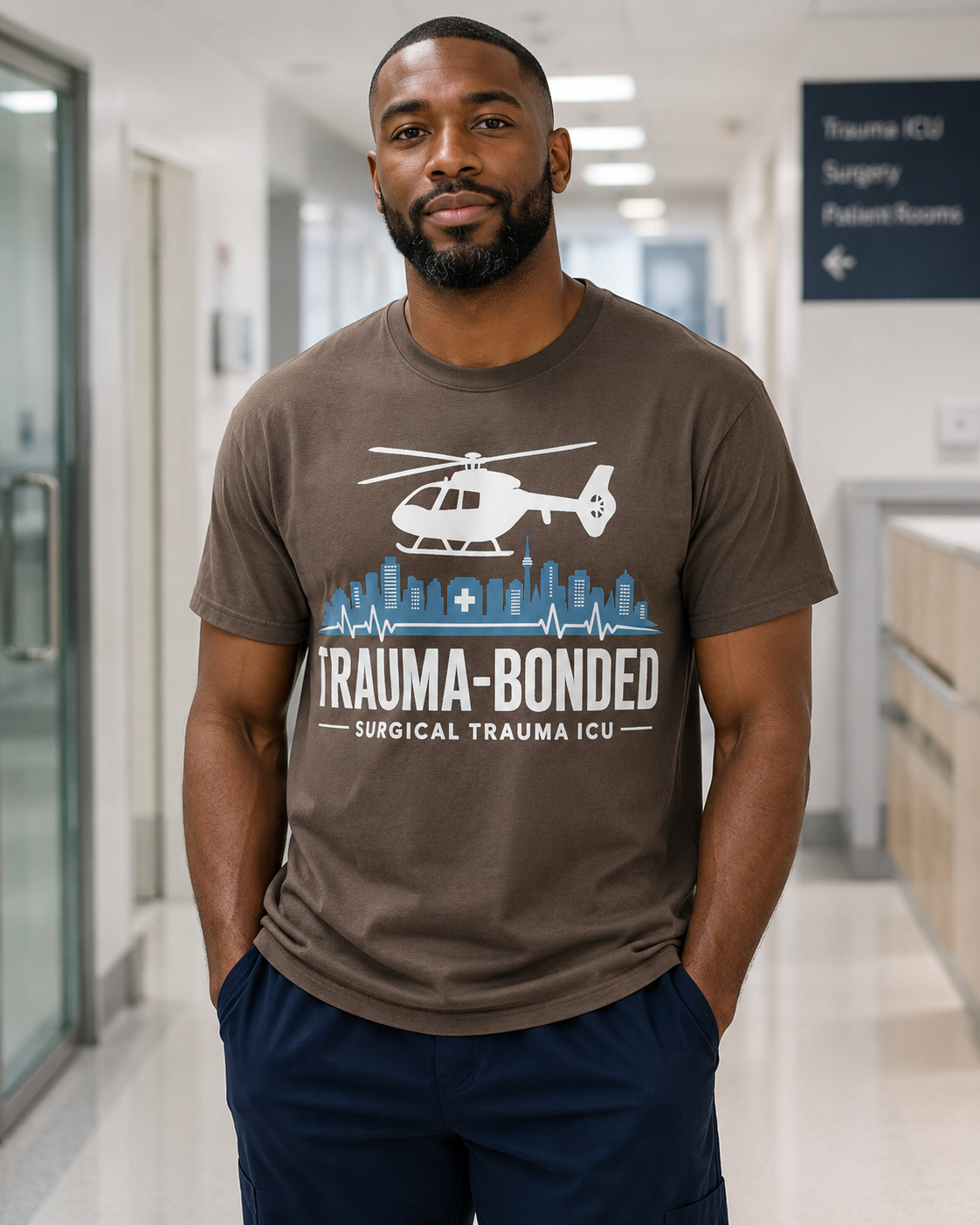 Trauma Bonded Surgical Trauma ICU tee in Comfort Colors Espresso on African American male nurse