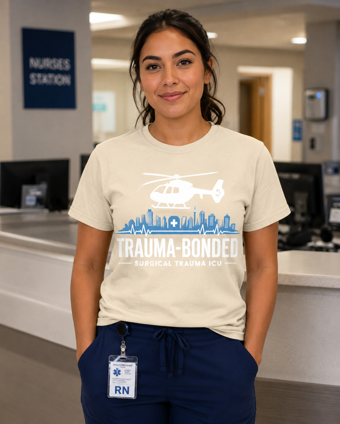 Trauma Bonded Surgical Trauma ICU tee in Comfort Colors Ivory on Hispanic nurse
