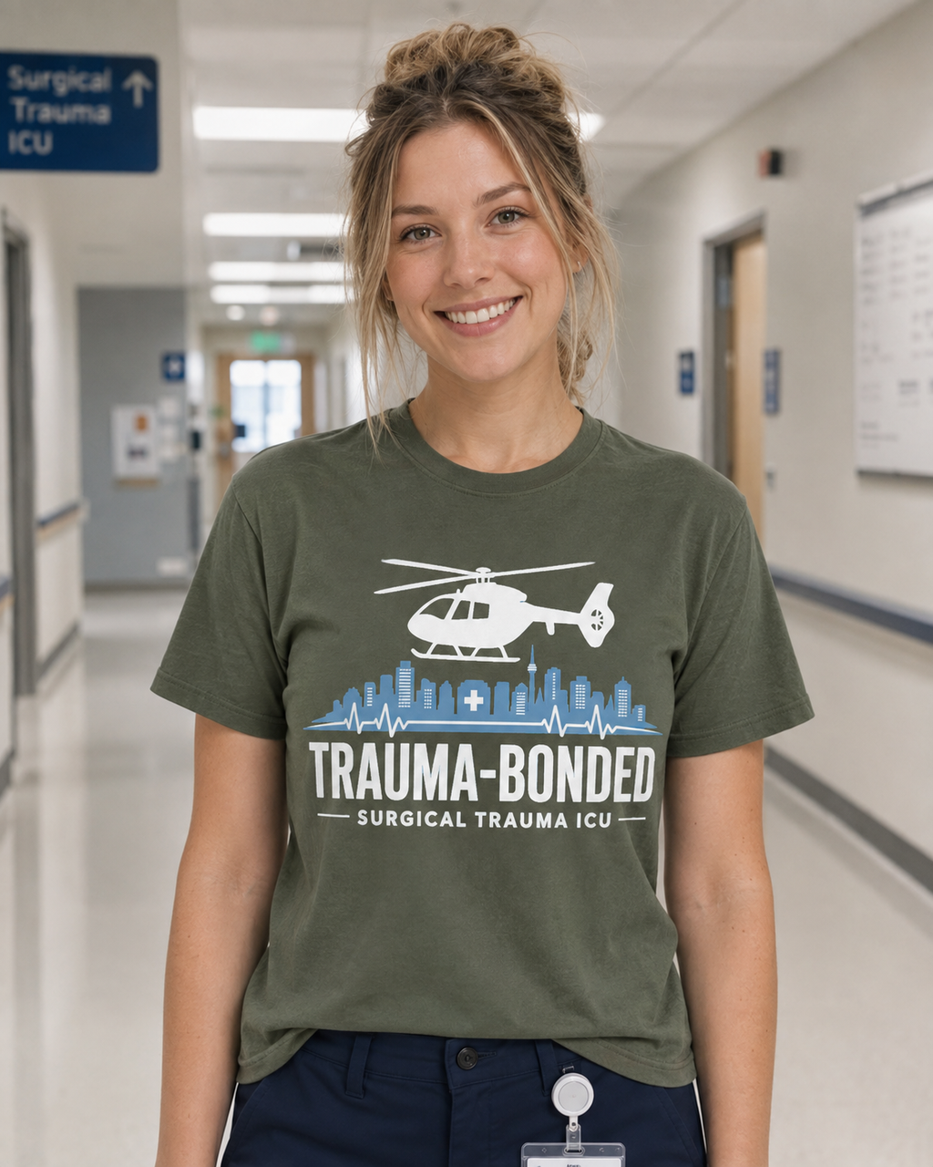 Trauma Bonded Surgical Trauma ICU tee in Comfort Colors Moss on Caucasian nurse