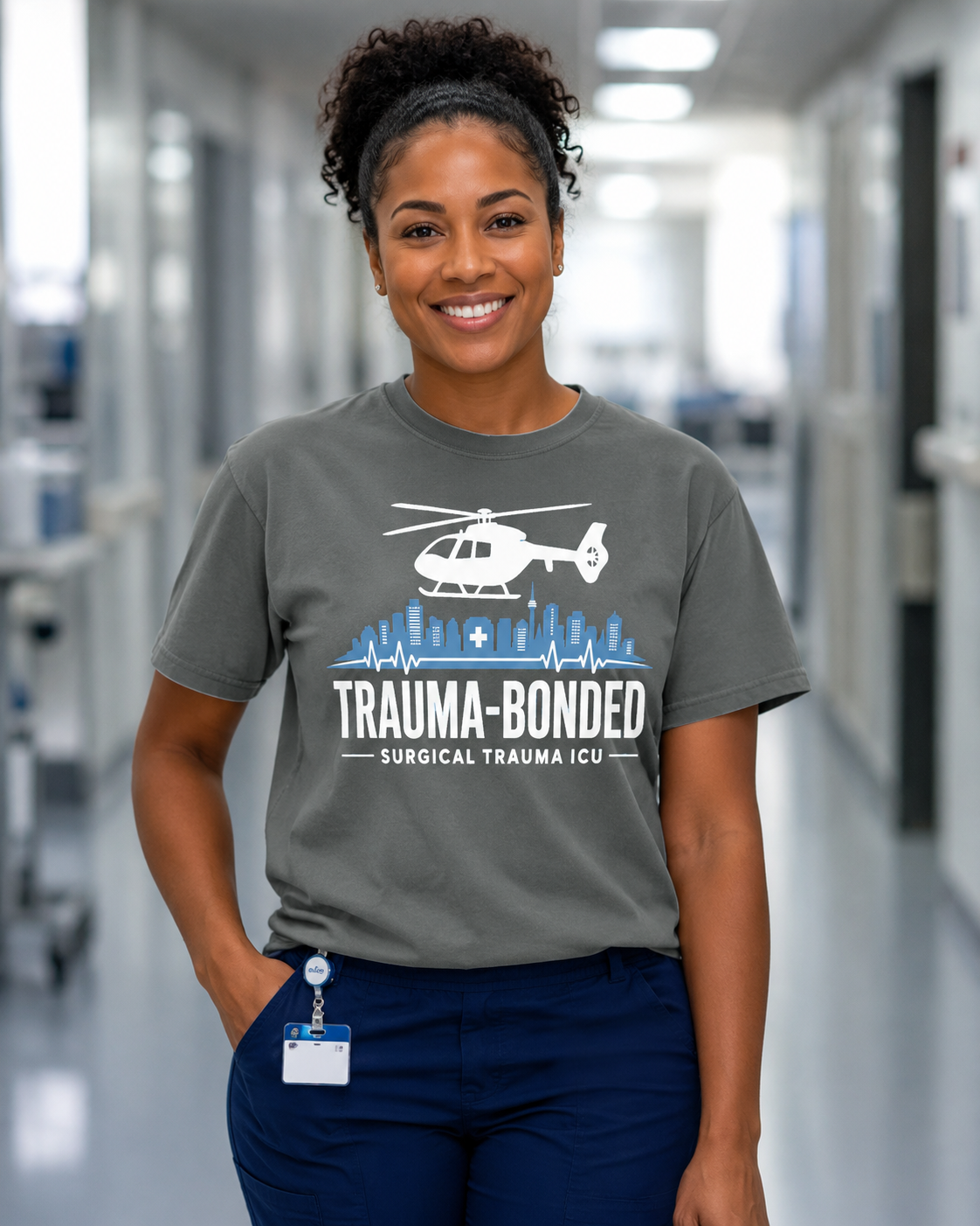 Trauma Bonded Surgical Trauma ICU tee in Comfort Colors Pepper on African American nurse