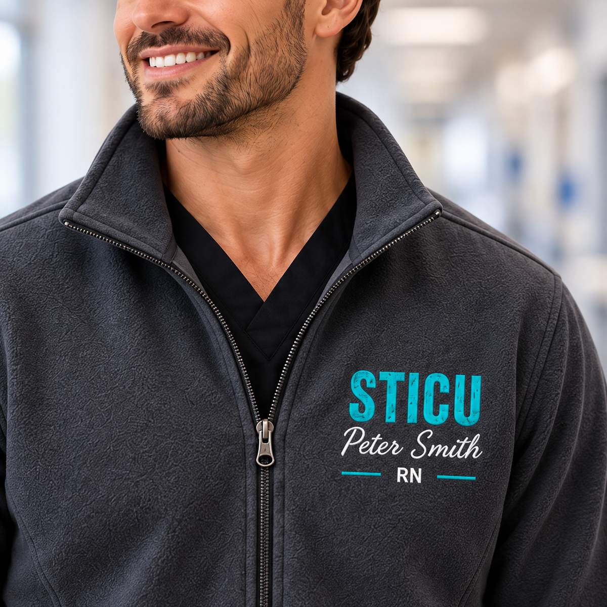 STICU personalized chest detail with Peter Smith RN on Iron Gate Gray nurse jacket