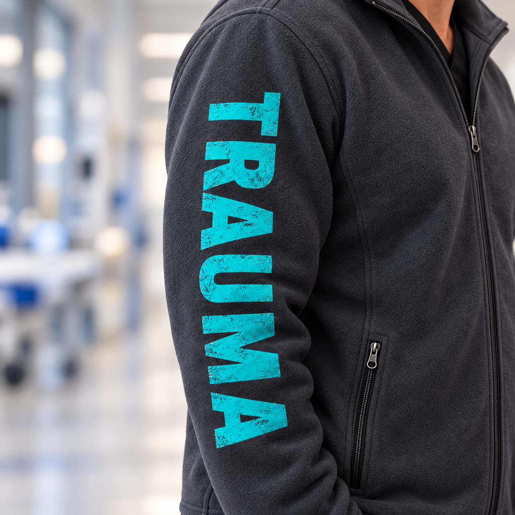 Vertical teal TRAUMA sleeve detail on Iron Gate Gray nurse jacket