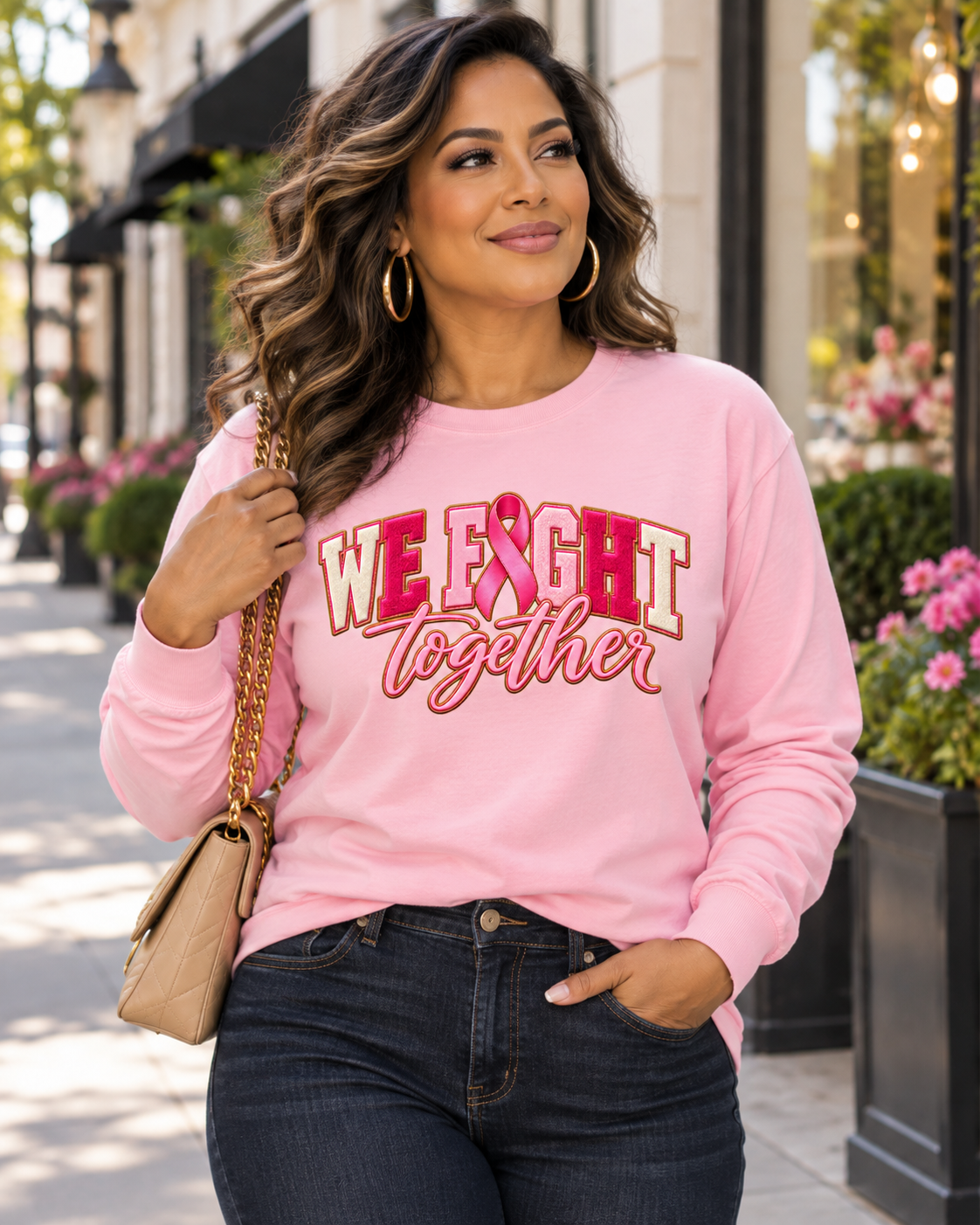 We Fight Together breast cancer awareness long sleeve in Comfort Colors Blossom