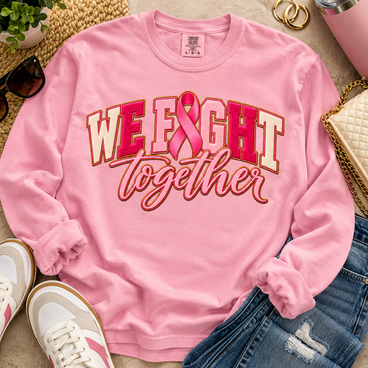 We Fight Together Comfort Colors Blossom long sleeve styled flat lay