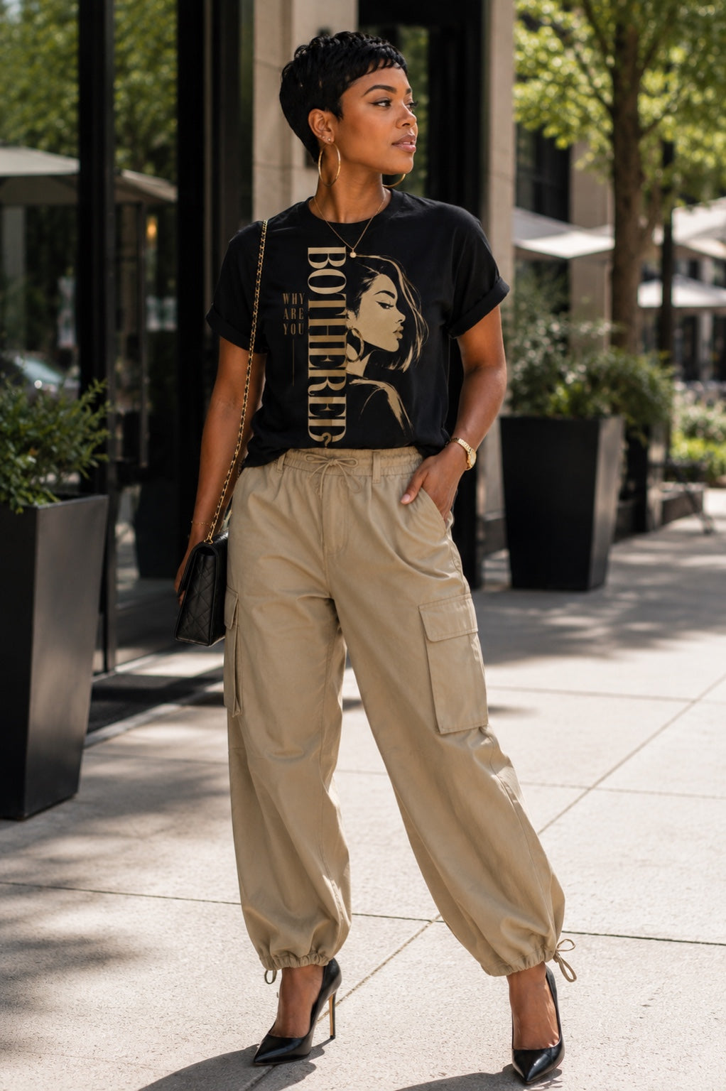 Why Are You Bothered illustrated black statement tee styled with tan cargo pants