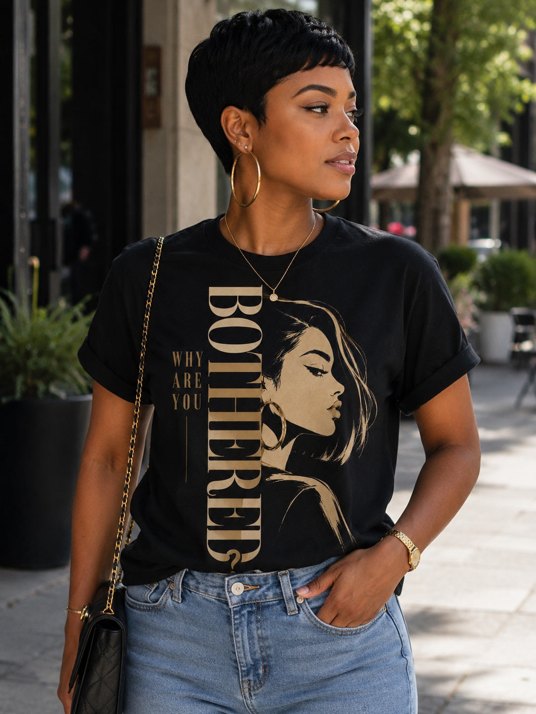 Why Are You Bothered illustrated statement tee in black, close-up lifestyle view