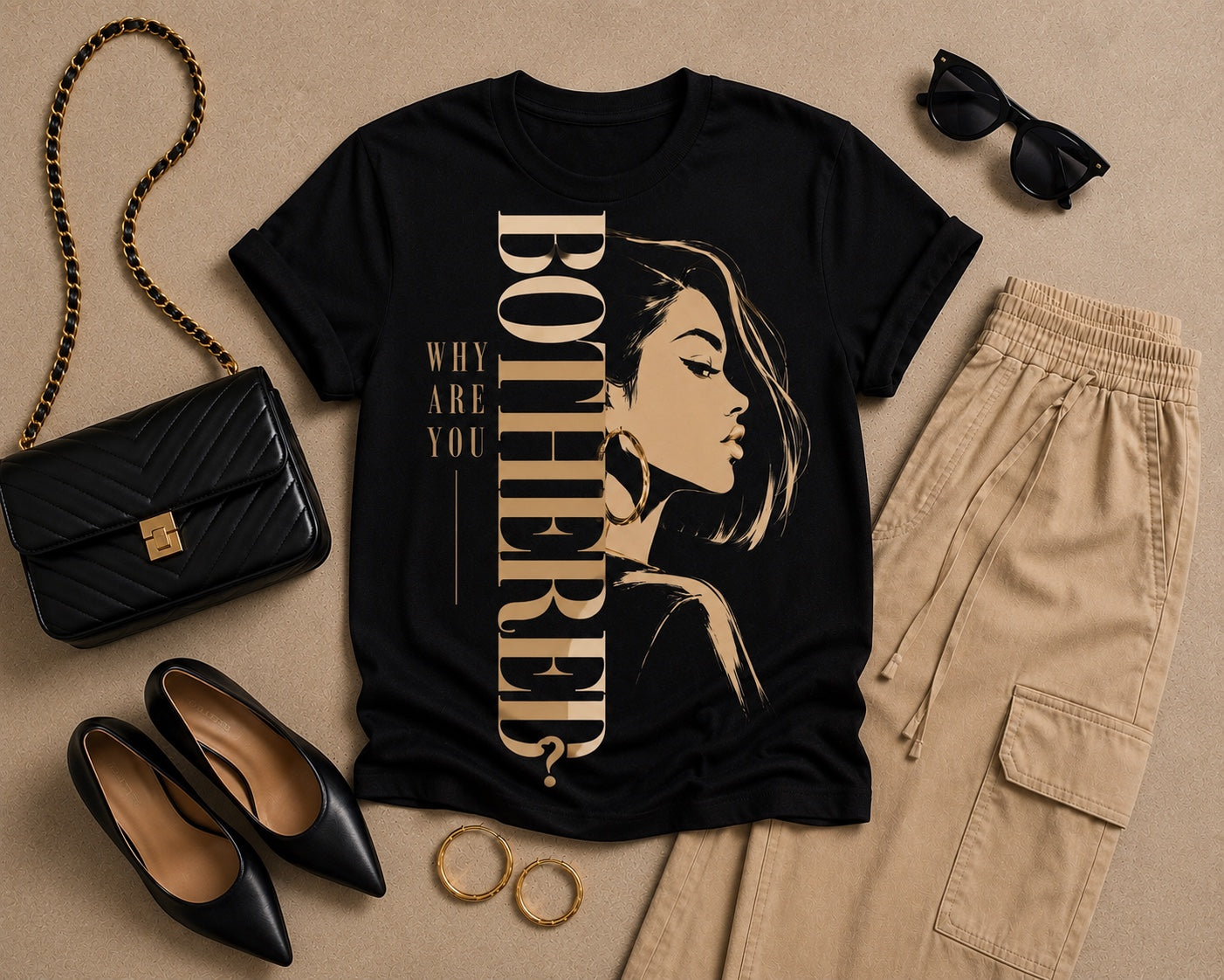 Why Are You Bothered illustrated black statement tee flat lay with neutral accessories