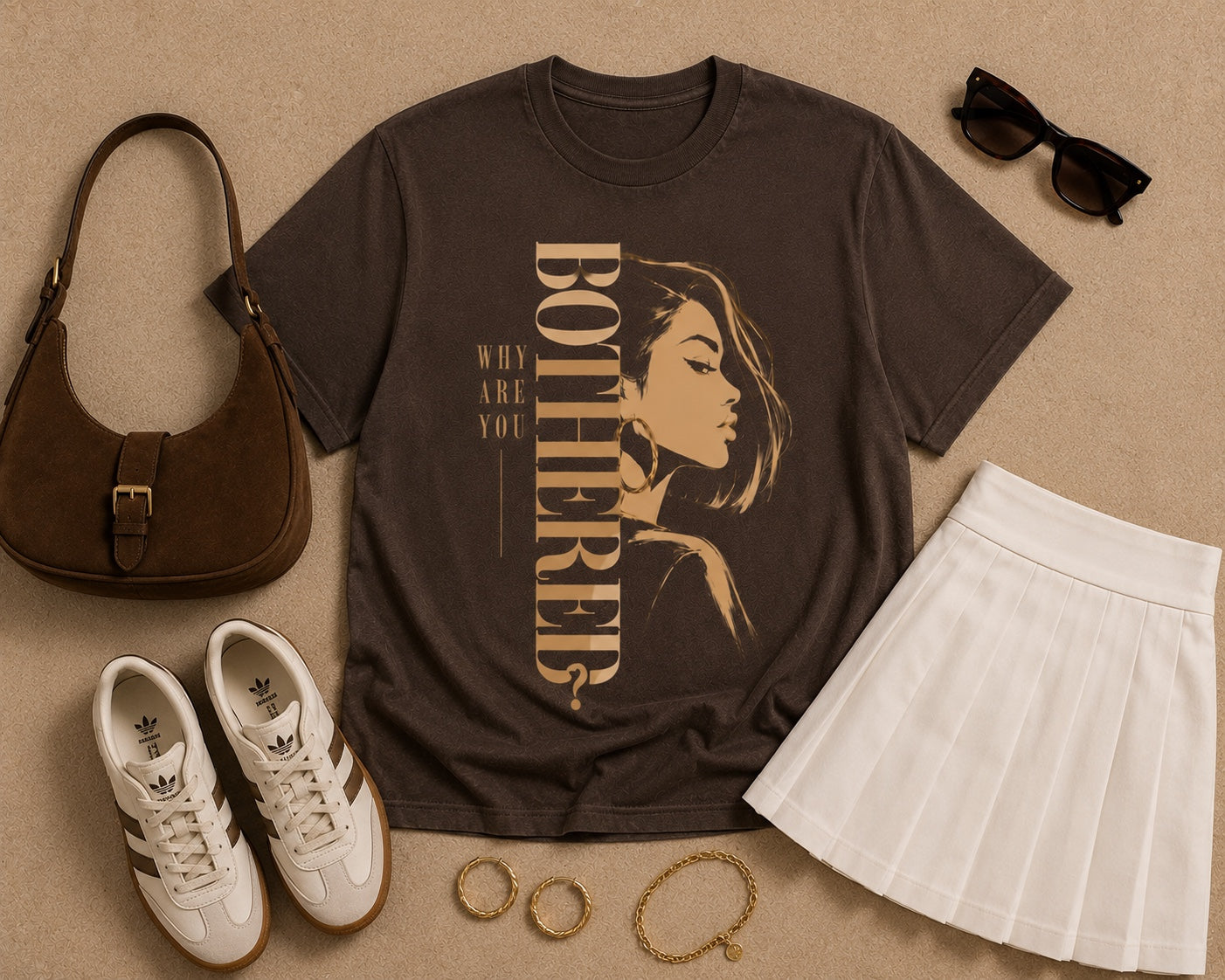 Why Are You Bothered illustrated espresso statement tee flat lay