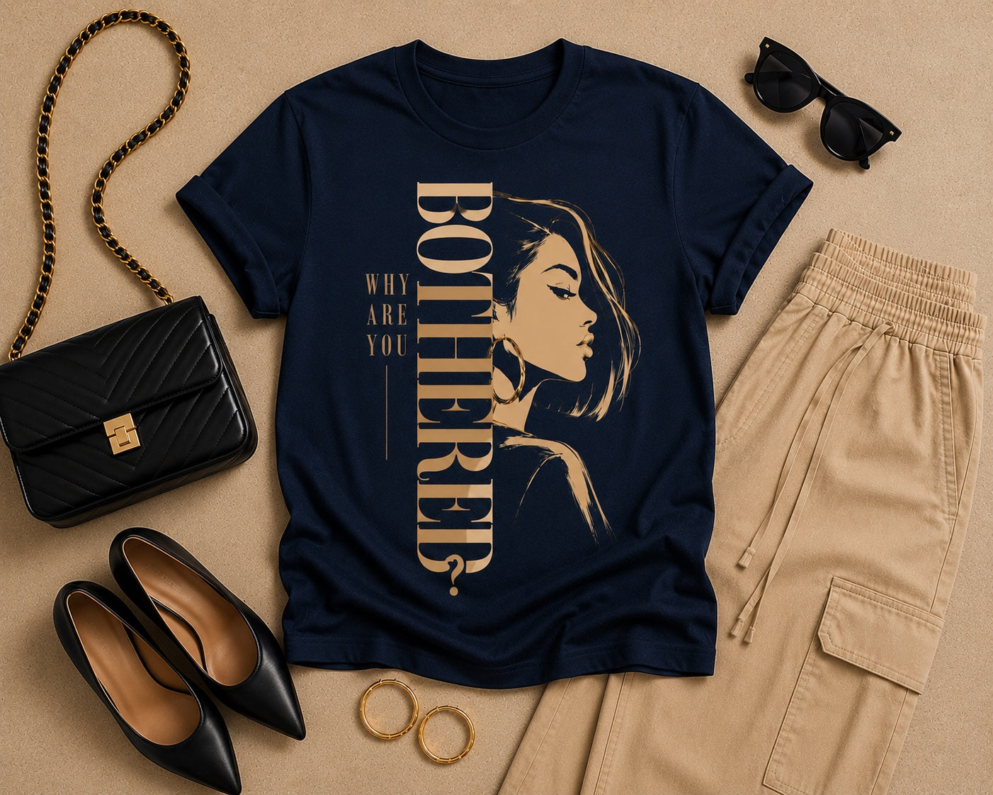 Why Are You Bothered illustrated midnight navy statement tee flat lay