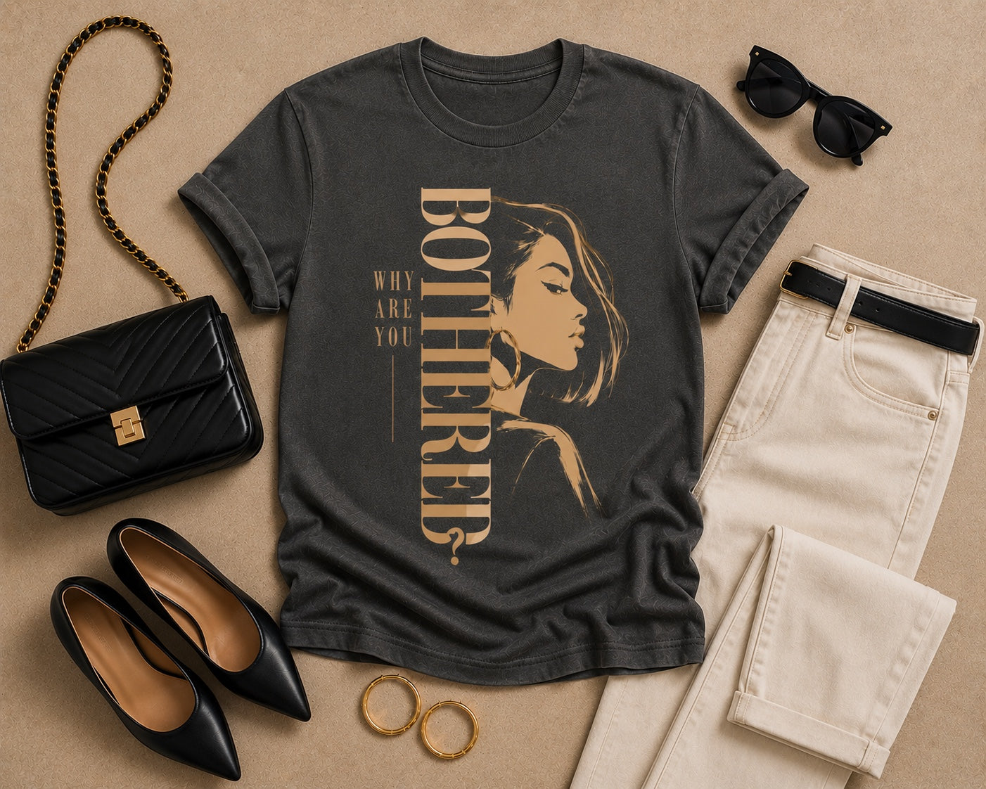 Why Are You Bothered illustrated pepper gray statement tee flat lay
